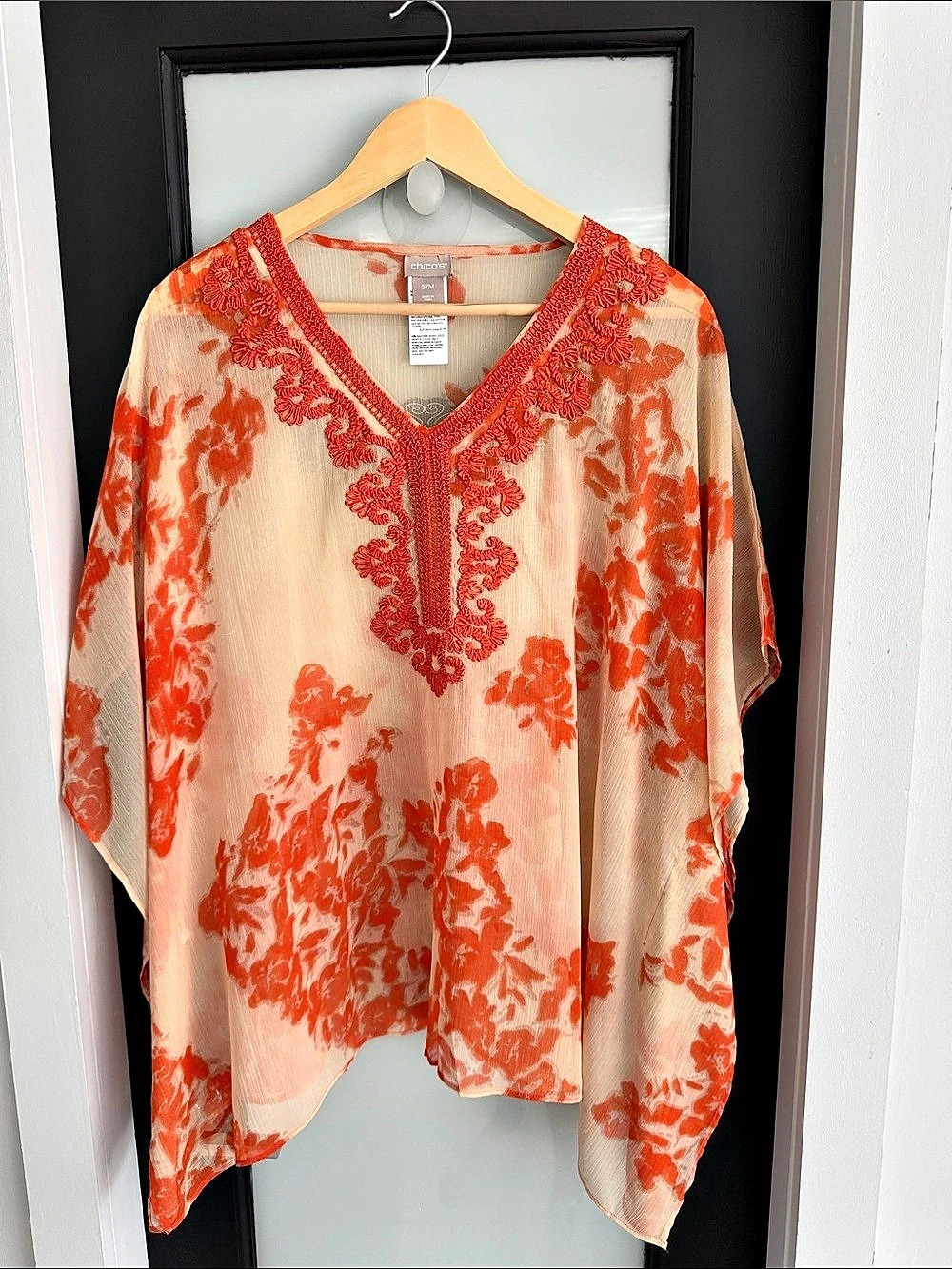 Chico's Floral Embroidered Tunic in Orange & Cream S/M